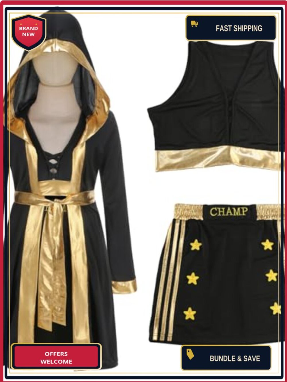 Womens Boxer Costume 4 Pc Halloween Cosplay Outfit Robe Crop Top Skirt Belt